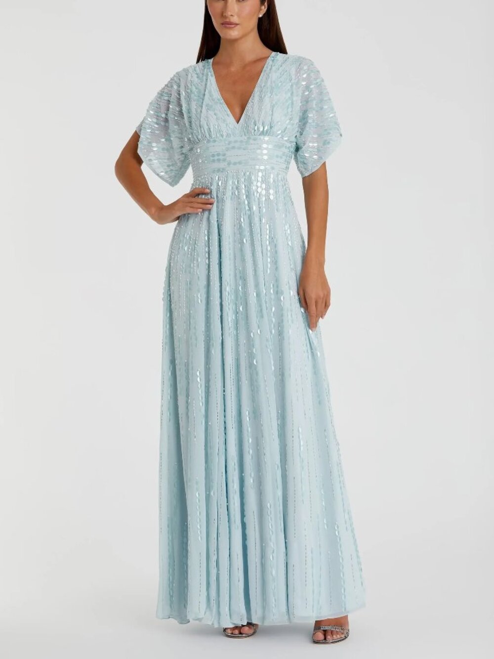 Mac Duggal Blue Maxi Dress V-neck Sequin Short Sleeve Empire Waist 10807 Size 14 - Picture 1 of 16